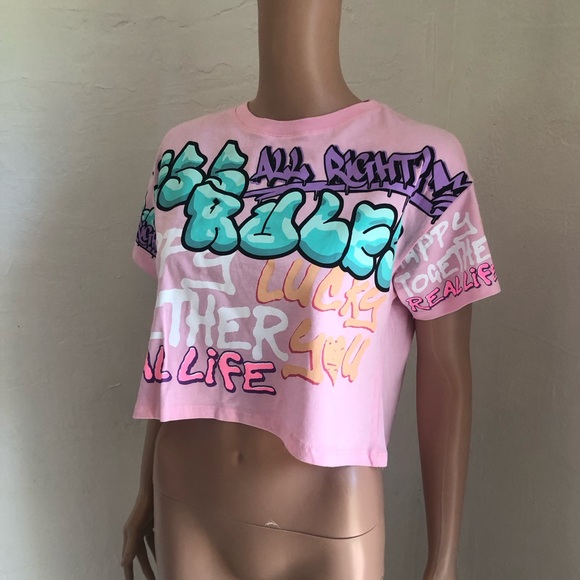Zara Junior Girls Size 11-12 Pink Graffiti Cropped Printed T-Shirt Short Sleeves - Picture 4 of 16